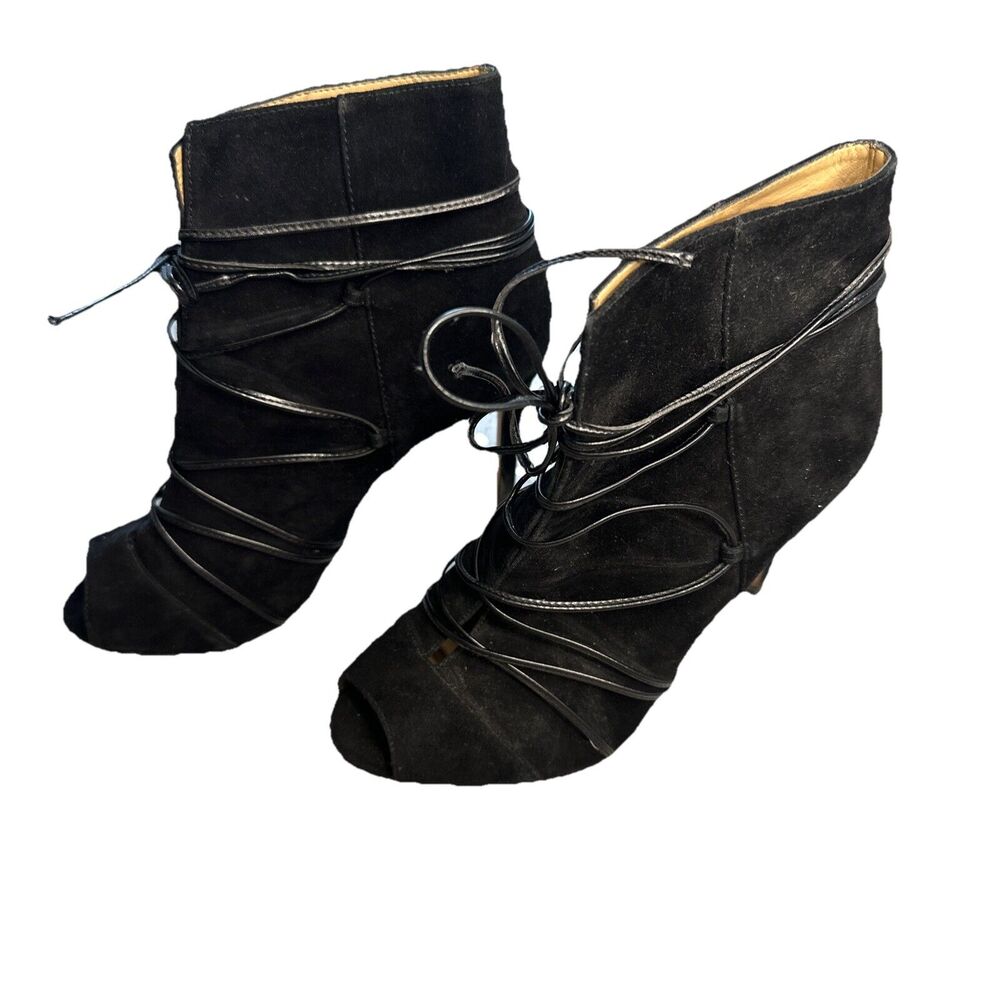 Antonio Melani Black Suede Peep Toe Booties Lace Up Heels Sz 7 M